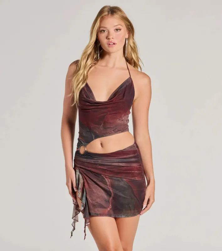 Daring Diva Abstract Print Cutout Halter Mini Dress sold by Windsor