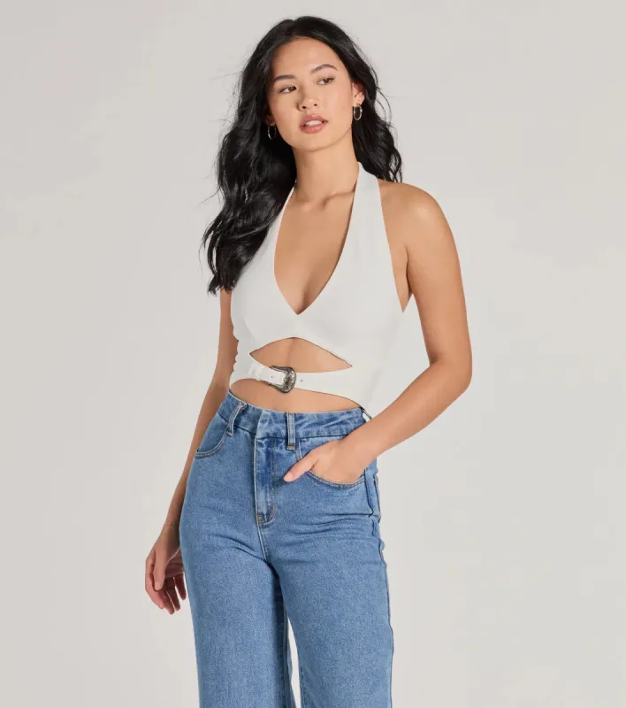 Edgy Vibe Buckle Detail Halter Crop Top sold by Windsor