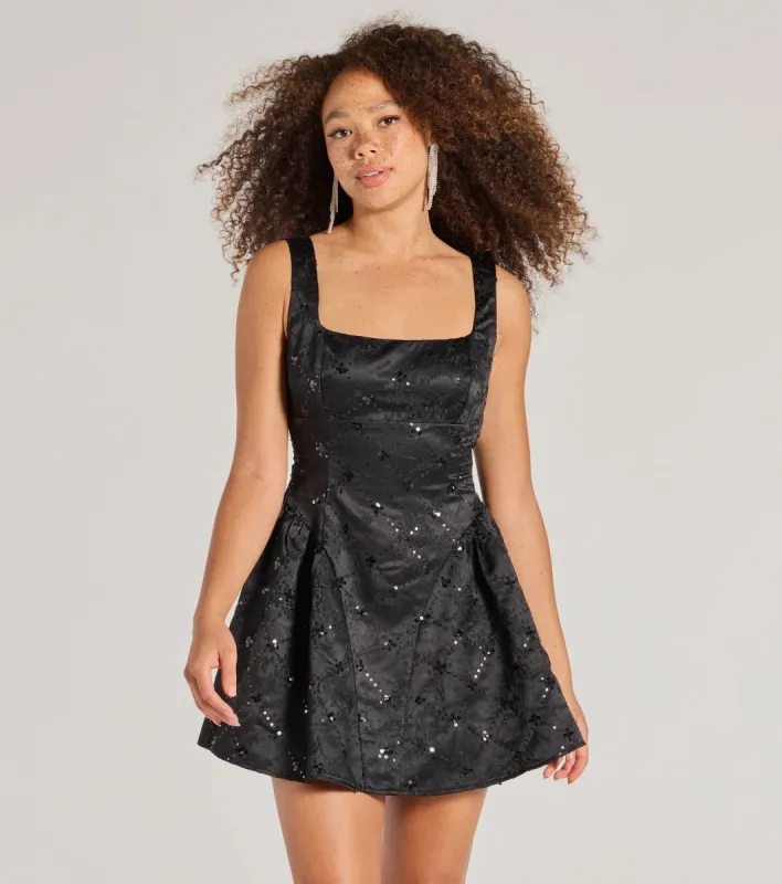 Glitzy Chic Sequin Woven Drop Waist Skater Dress sold by Windsor