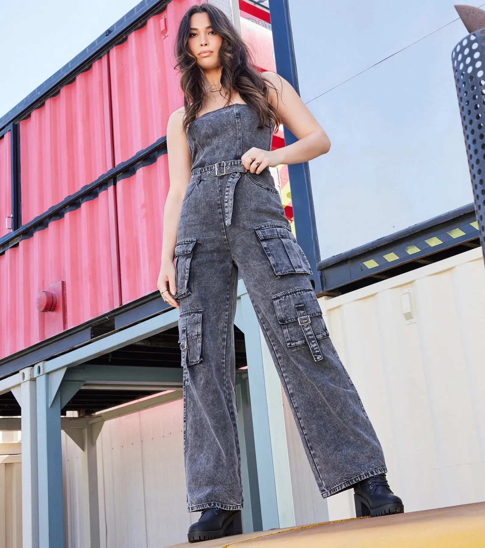 Pit Stop Strapless Cargo Acid Wide-Leg Denim Jumpsuit sold by Windsor product image thumbnail 4