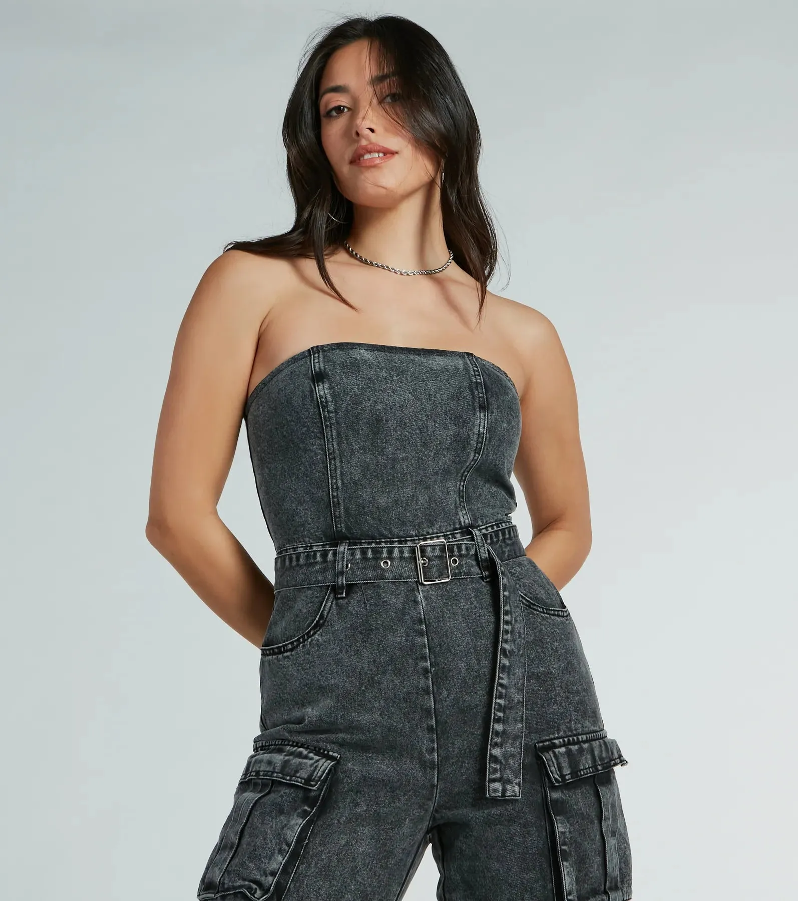 Pit Stop Strapless Cargo Acid Wide-Leg Denim Jumpsuit sold by Windsor product image thumbnail 3