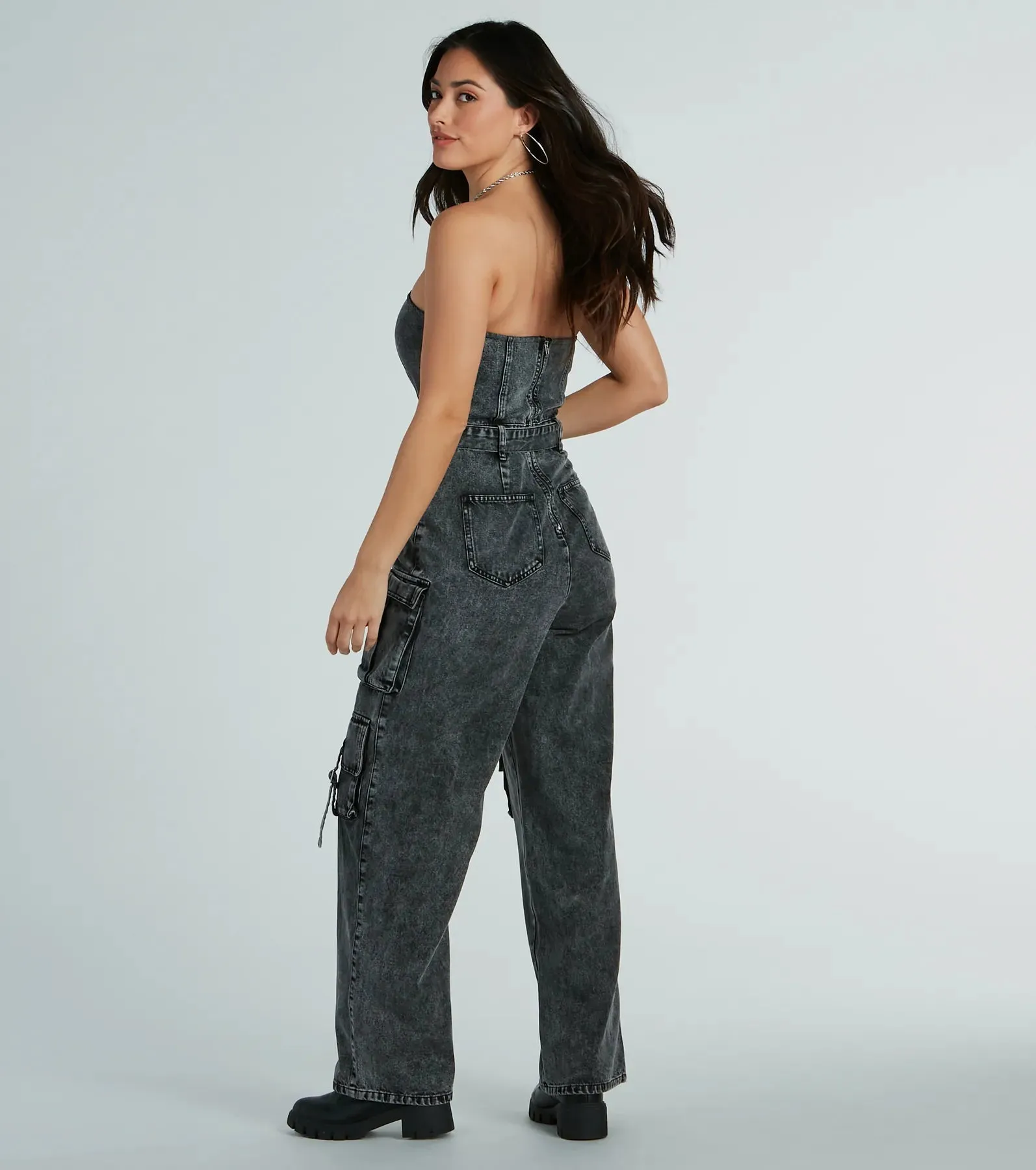 Pit Stop Strapless Cargo Acid Wide-Leg Denim Jumpsuit sold by Windsor product image thumbnail 2