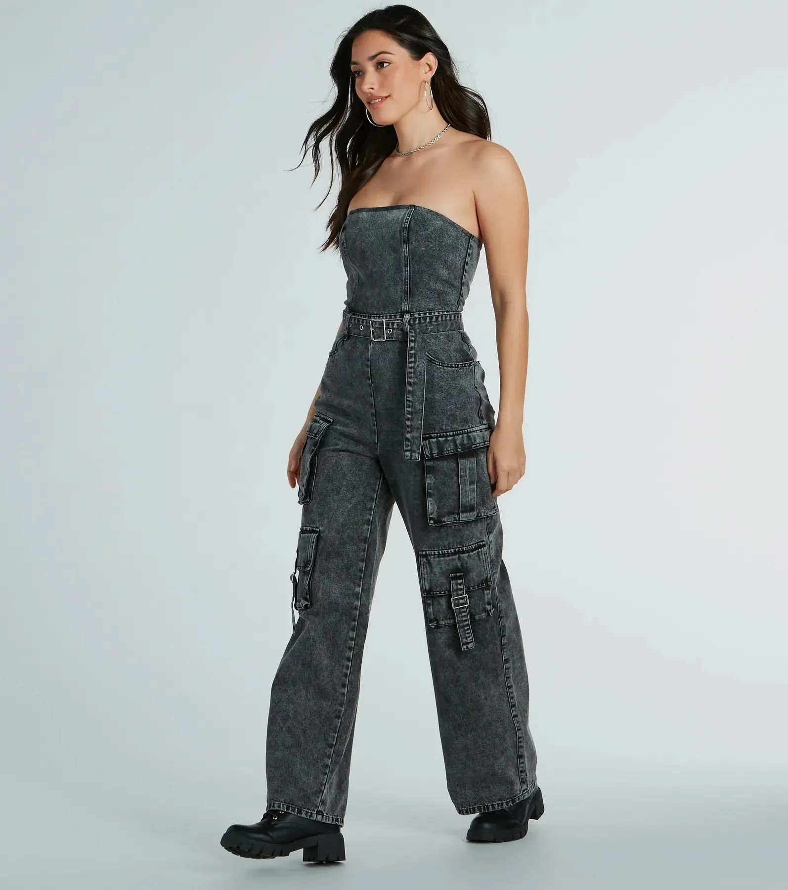 Pit Stop Strapless Cargo Acid Wide-Leg Denim Jumpsuit sold by Windsor product image thumbnail 5