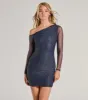 Go For Glam Glitter Mesh One-Shoulder Mini Dress sold by Windsor