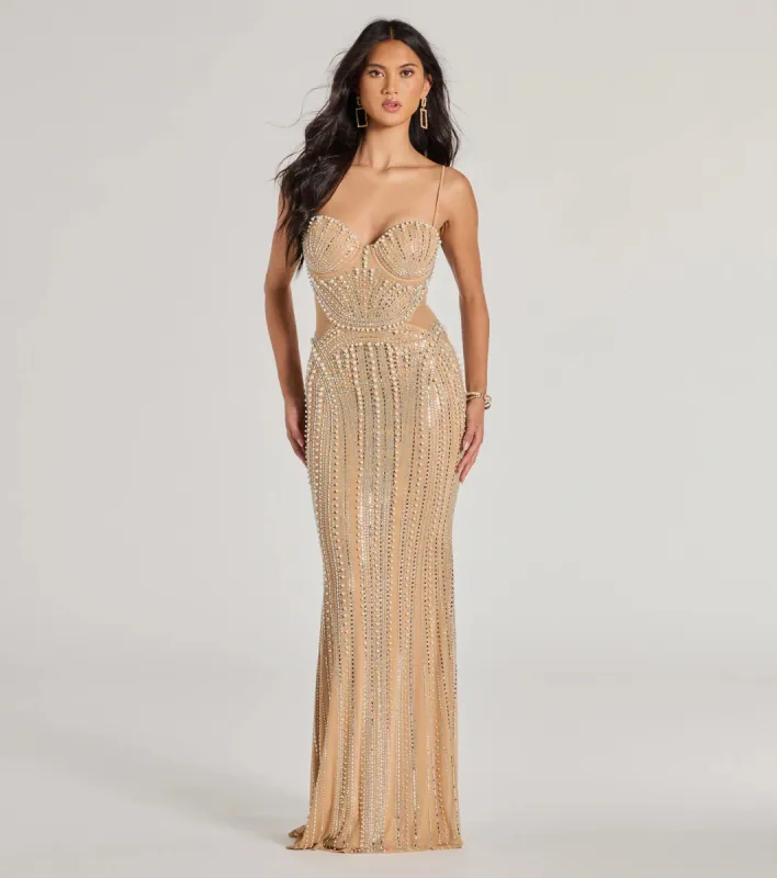 Gianna Rhinestone Pearl Sheer Mesh Formal Dress sold by Windsor