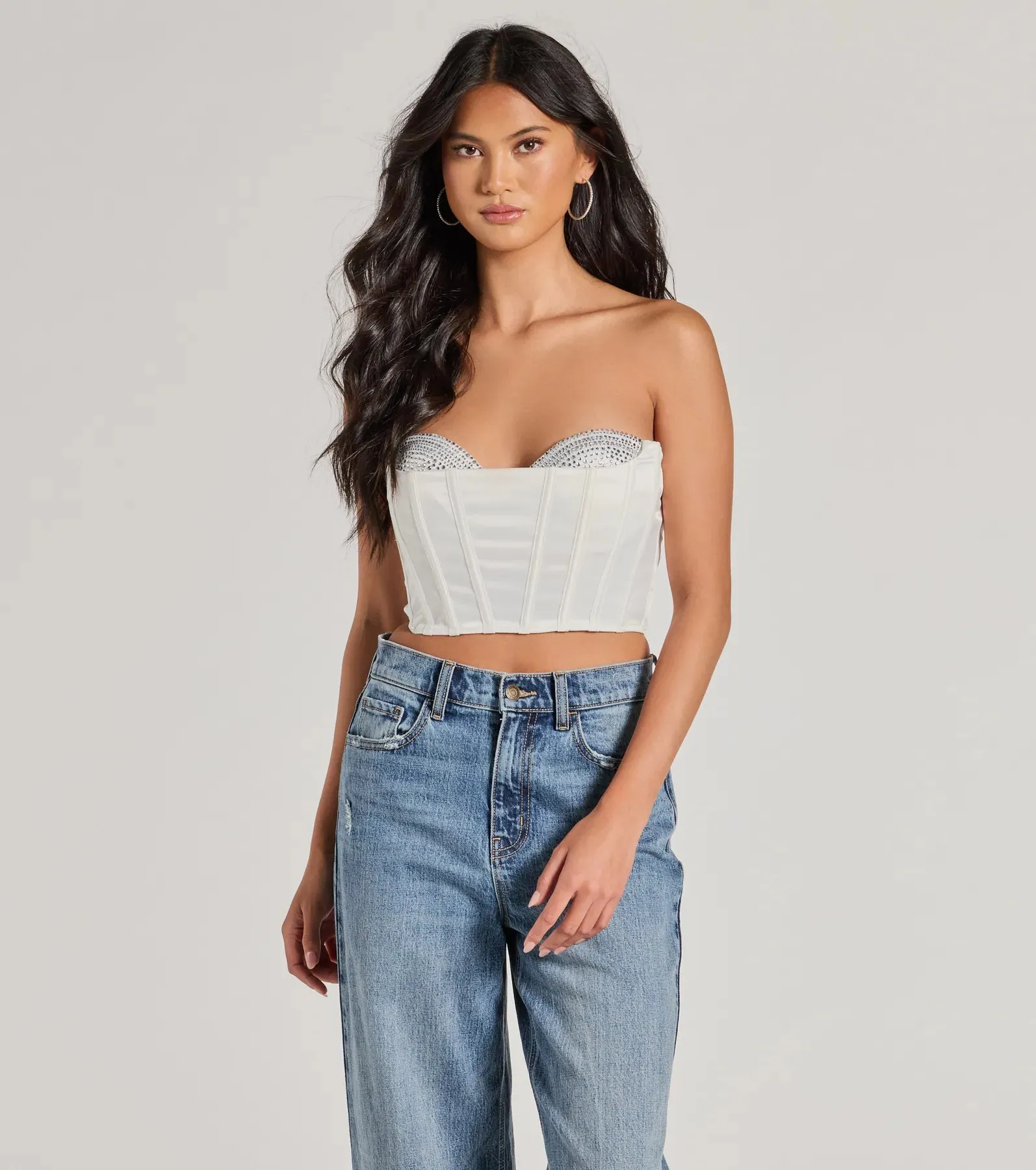 Sparkling Nights Cropped Rhinestone Satin Corset sold by Windsor