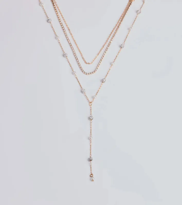 Glam Moment Rhinestone and Faux Pearl Lariat Necklace sold by Windsor