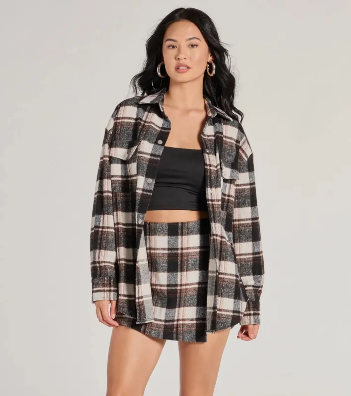 Classically Chic Plaid Long Sleeve Oversized Shacket sold by Windsor