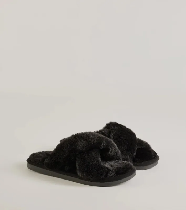 So Cozy Faux Fur Criss-Cross Slides sold by Windsor