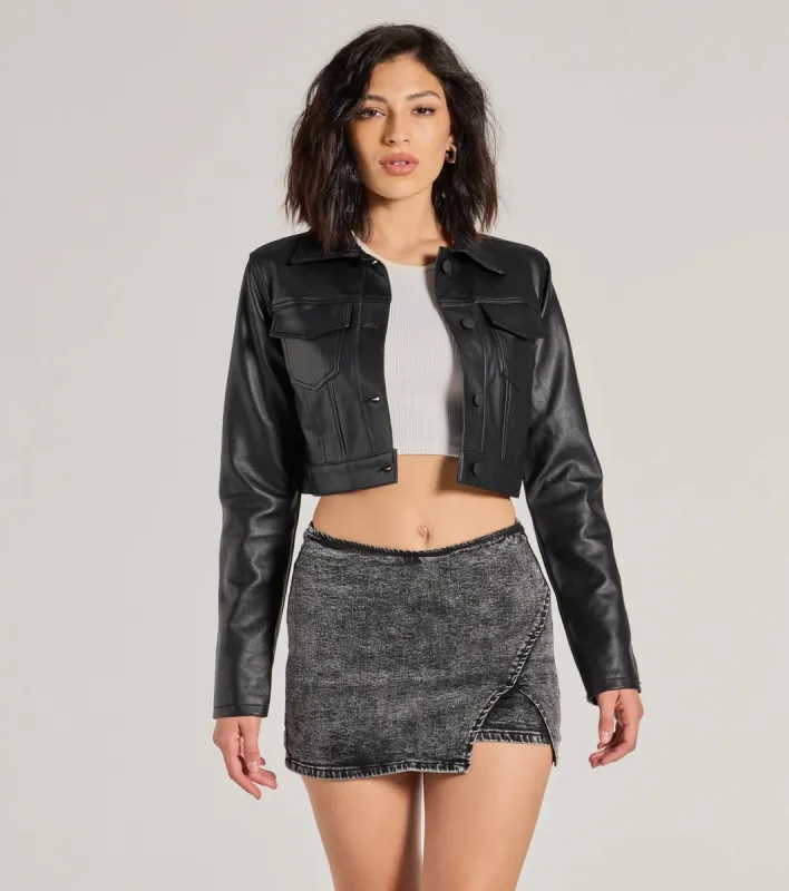 Sleek Fave Faux Leather Cropped Trucker Jacket sold by Windsor