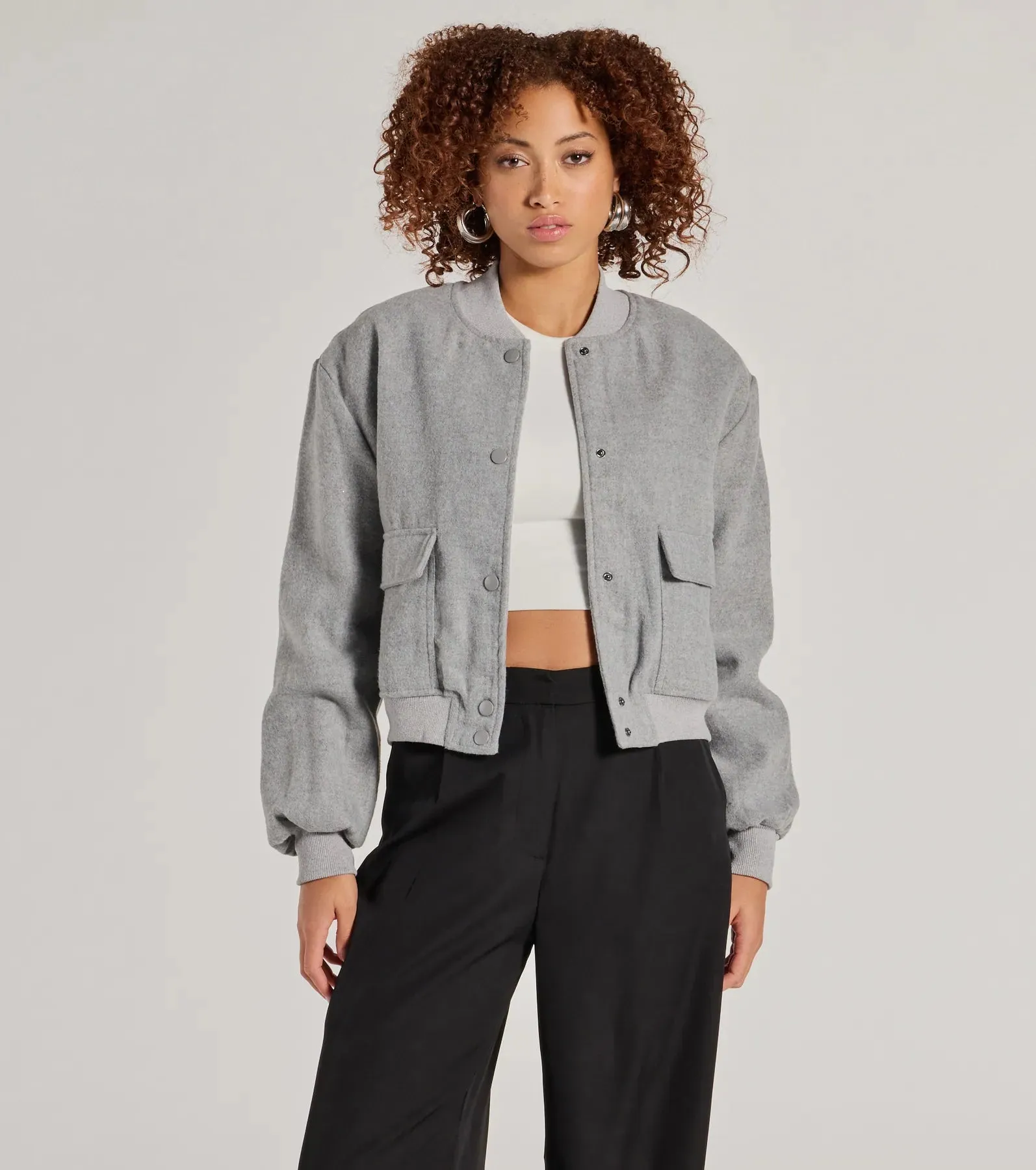 Cool Girl Energy Faux Wool Bomber Jacket sold by Windsor