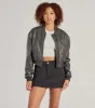 Casual Slay Cropped Oversized Faux Leather Bomber Jacket sold by Windsor