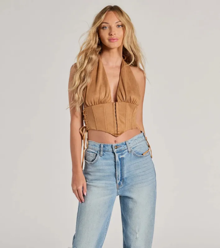 Chic Vibes Faux Suede Halter Cropped Corset Top sold by Windsor