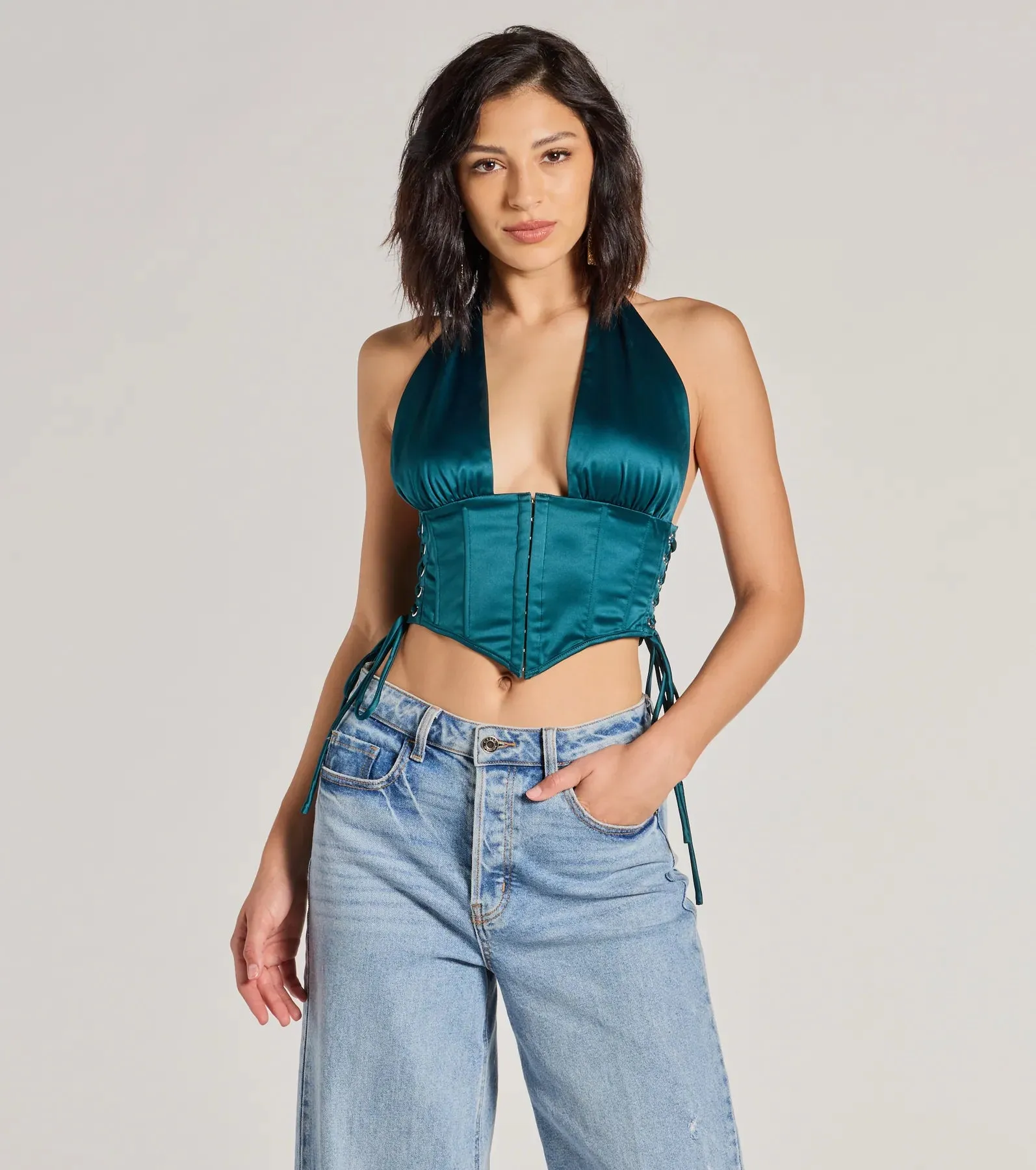 Edgy Luxe Satin Halter Cropped Corset Top sold by Windsor