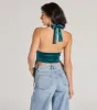 Edgy Luxe Satin Halter Cropped Corset Top sold by Windsor