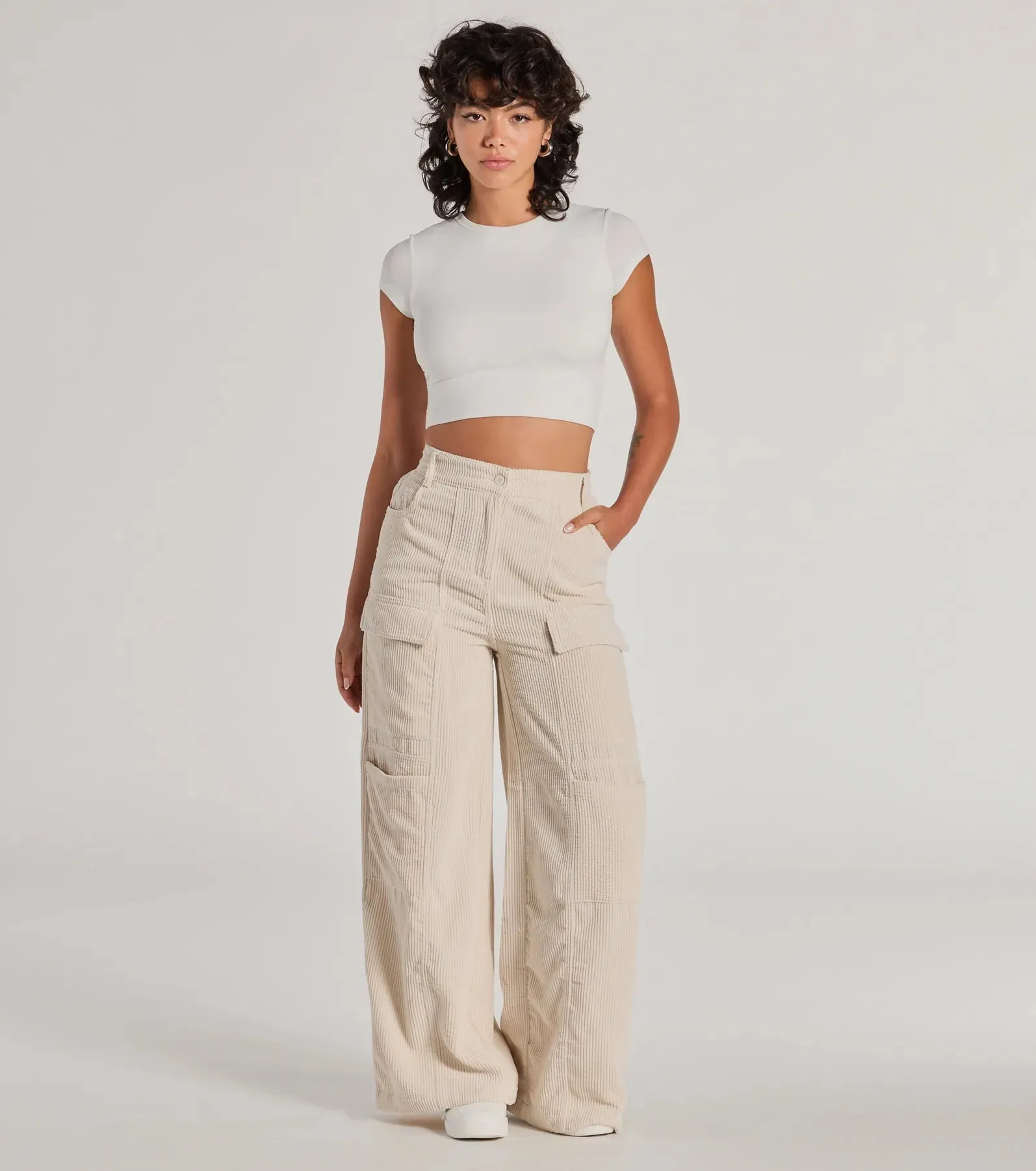 Essential High-Rise Corduroy Wide-Leg Cargo Pants sold by Windsor