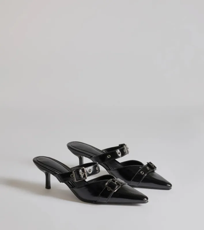 Keep It Chic Buckle Strap Kitten Heel Mules sold by Windsor