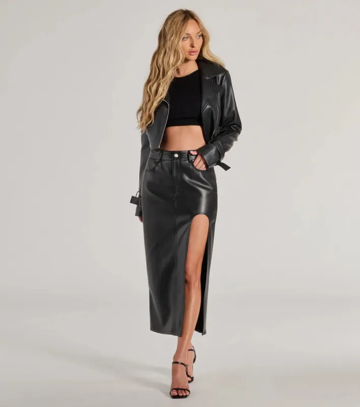 Sleek Era Faux Leather High Slit Midi Skirt sold by Windsor