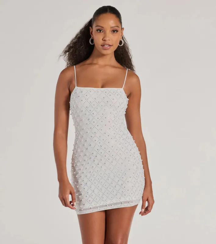 Sophisticated Radiance Rhinestone And Faux Pearl Mesh Mini Dress sold by Windsor
