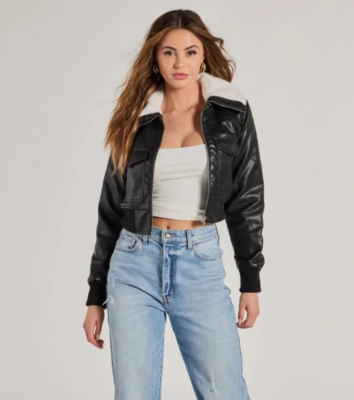 Chic Sherpa Collared Faux Leather Bomber Jacket sold by Windsor