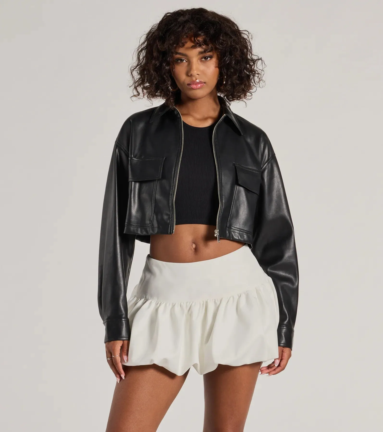 Sleek Staple Cropped Faux Leather Shacket sold by Windsor