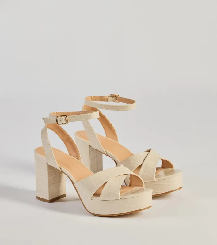 Trendy Moment Faux Croc-Embossed Criss-Cross Platform Heels sold by Windsor
