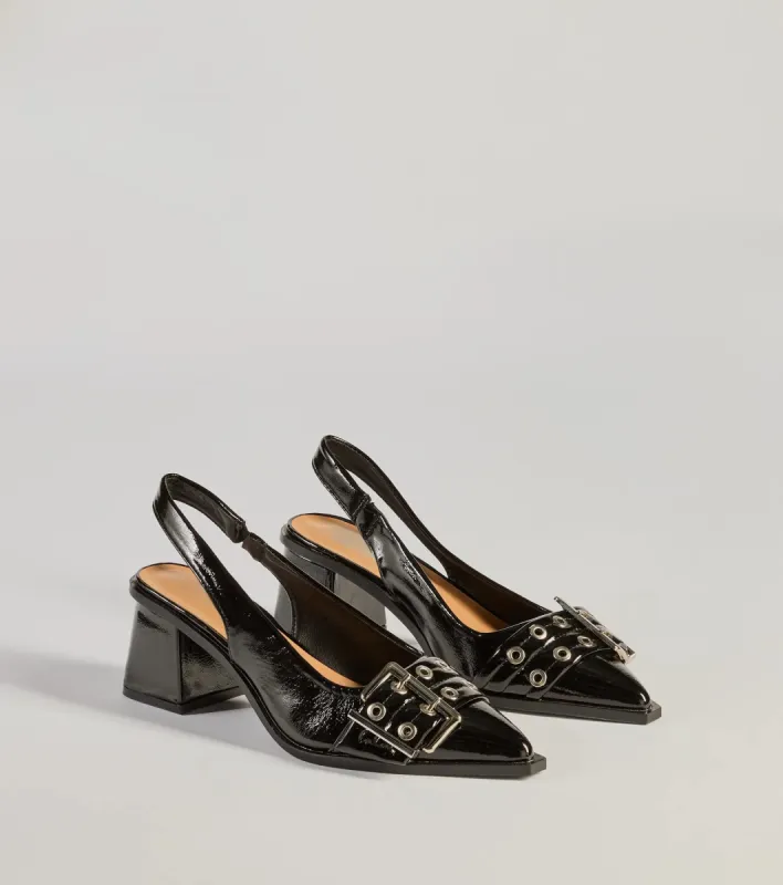 Edgy Glam Faux Patent Leather Slingback Buckle Pumps sold by Windsor