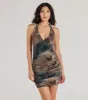Ethereal Muse Abstract Marble Ruched Mini Dress sold by Windsor