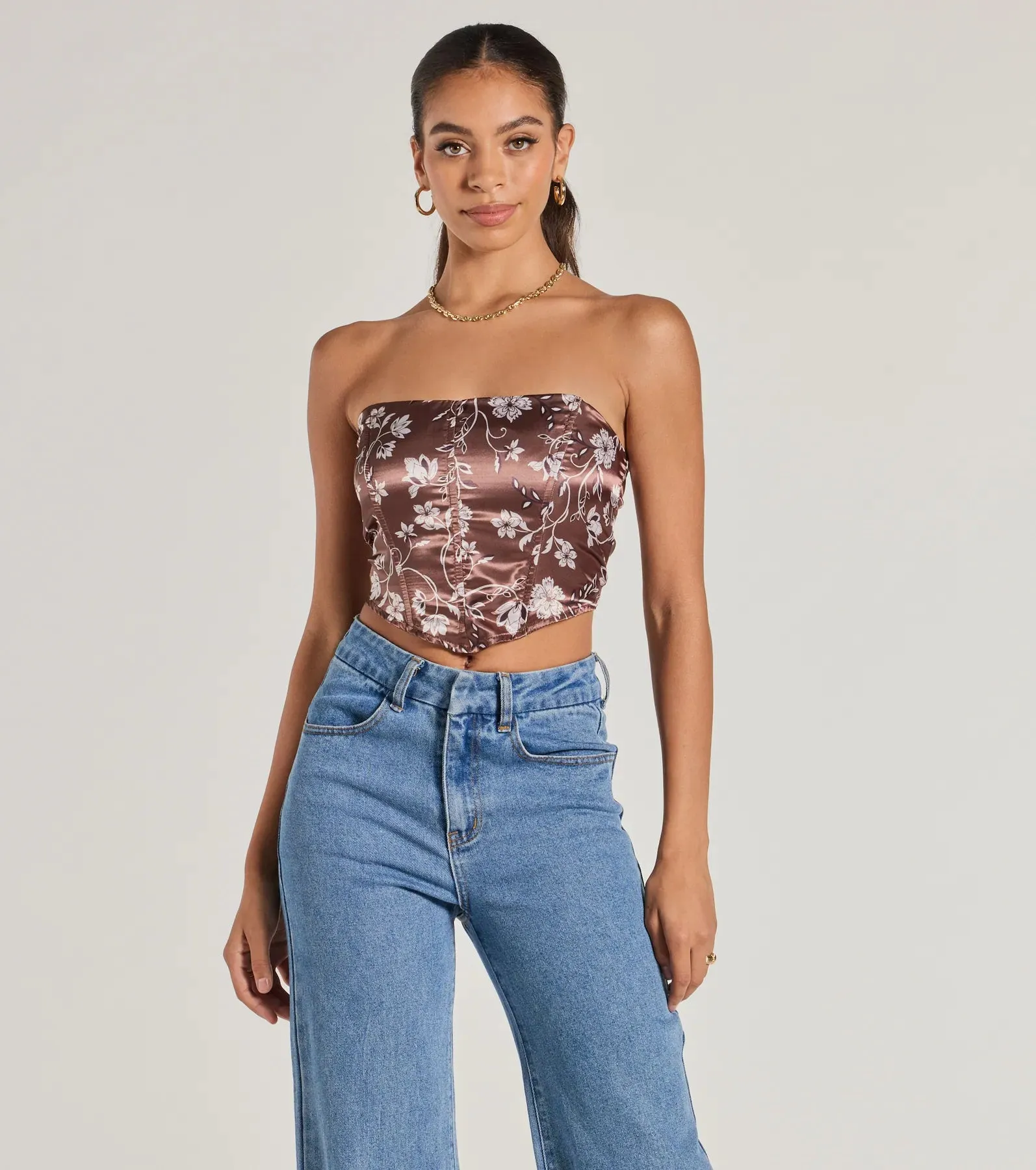 Chic Sheen Floral Satin Strapless Corset Top sold by Windsor