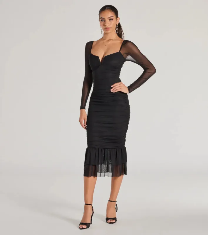 Elegant Ruched And Ruffled Mesh Midi Dress sold by Windsor