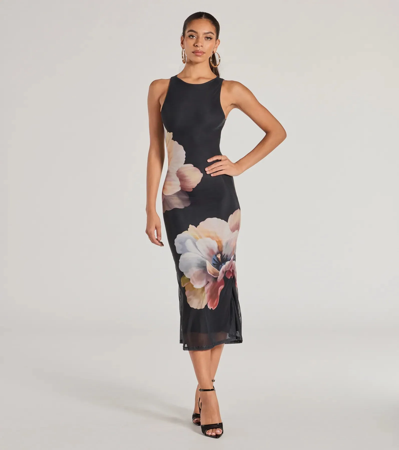 Date Night Chic Floral Mesh Midi Dress sold by Windsor