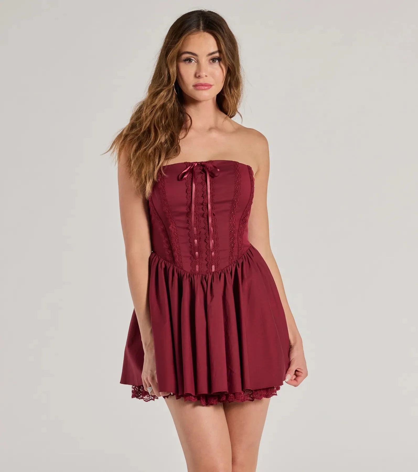 Adorably Flirty Lace Trim Drop Waist Skater Dress sold by Windsor