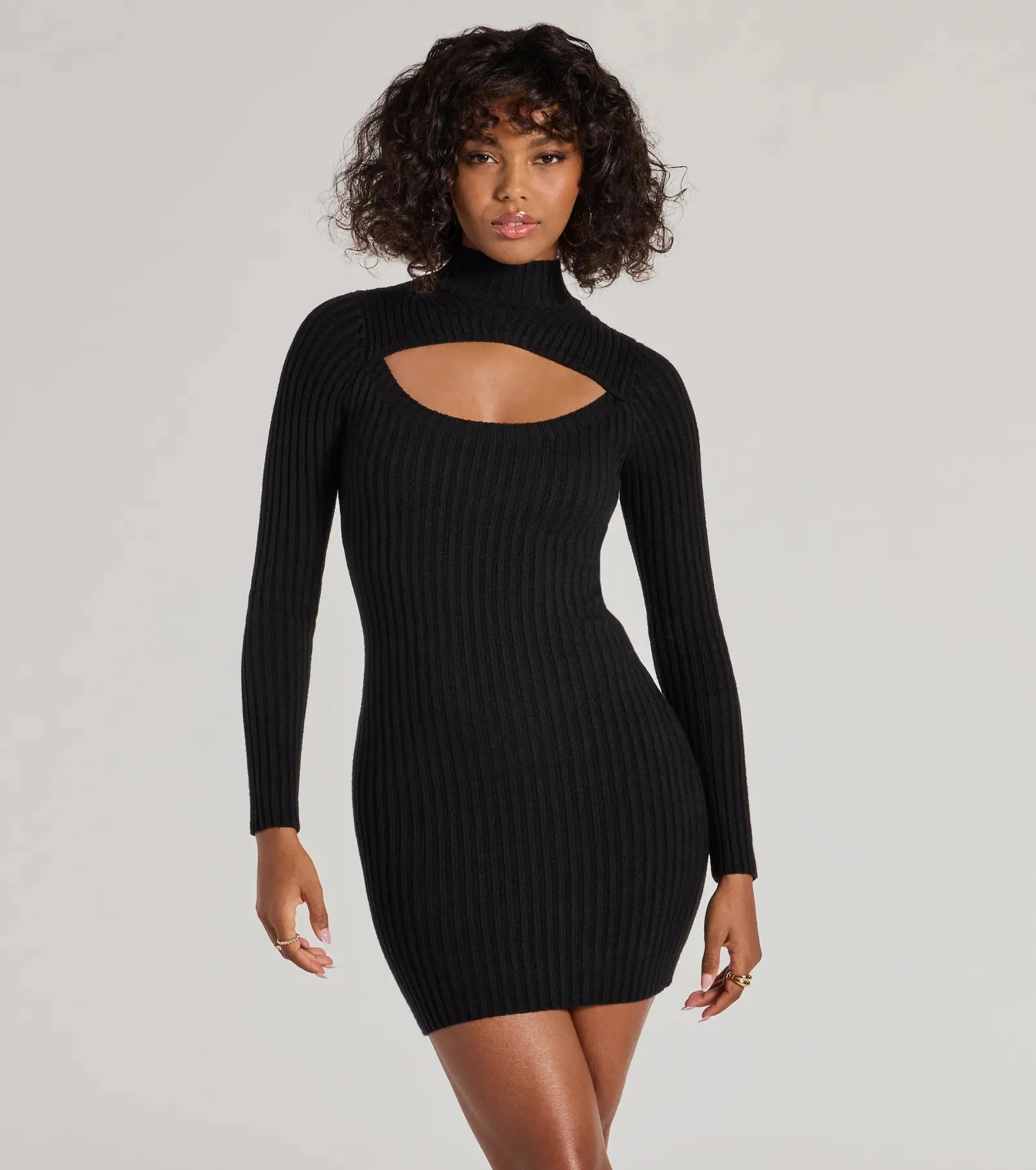 Chic Season Mock Neck Cutout Ribbed Knit Mini Dress sold by Windsor