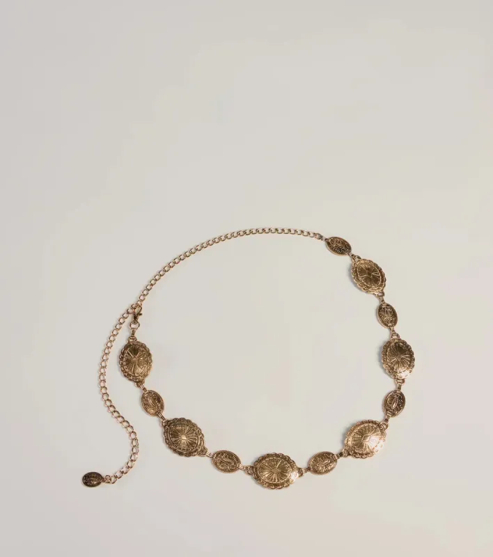 Rustic Charm Concho Oval Metal Chain Belt sold by Windsor
