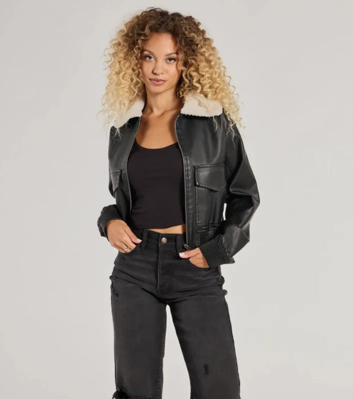 Edgy Chic Flair Faux Leather And Sherpa Bomber Jacket sold by Windsor