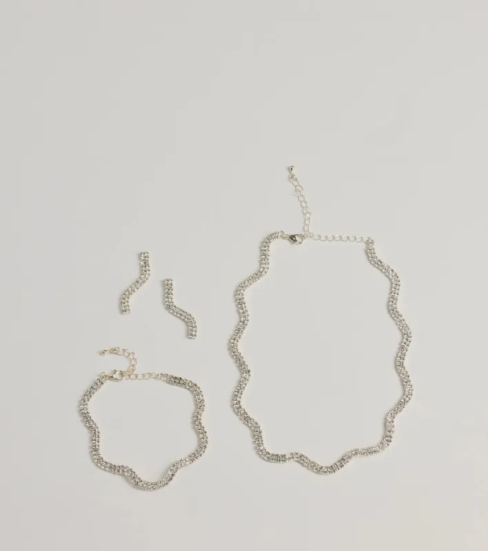 Shine On Wavy Rhinestone Necklace, Earrings, And Bracelet Set sold by Windsor