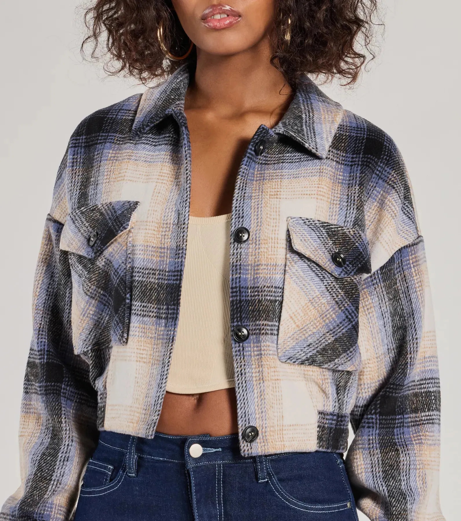 Casually Cozy Plaid Woven Cropped Shacket sold by Windsor product image thumbnail 4