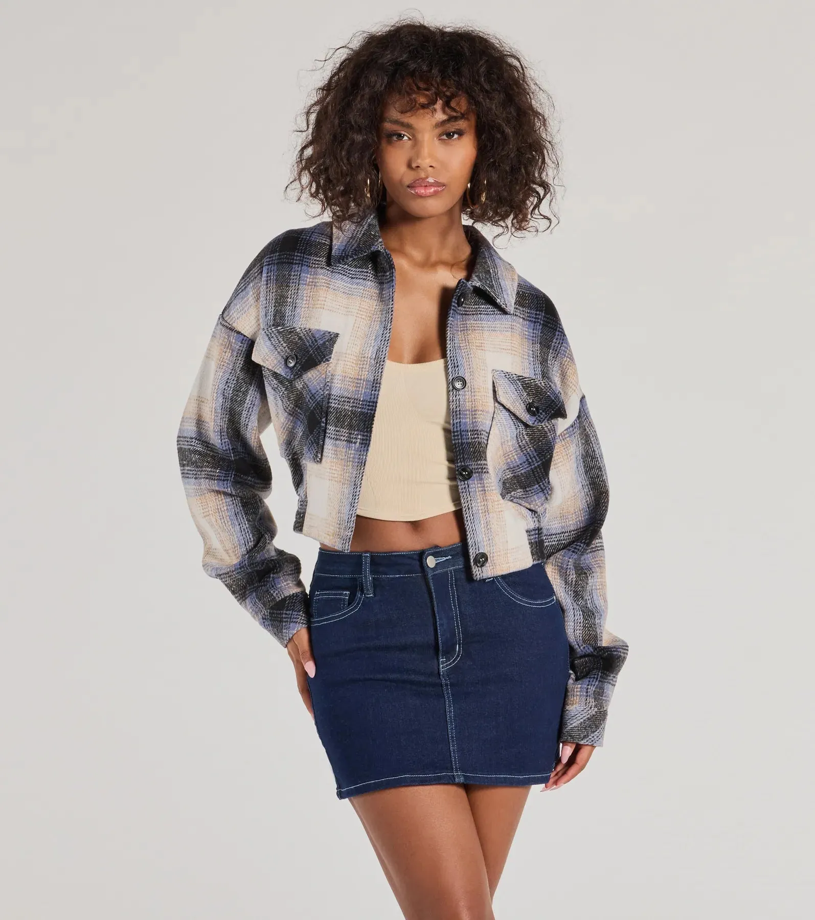 Casually Cozy Plaid Woven Cropped Shacket sold by Windsor