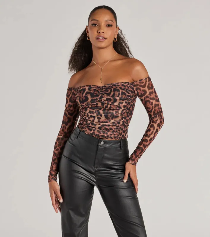Sultry Leopard Print Mesh Off-The-Shoulder Top sold by Windsor