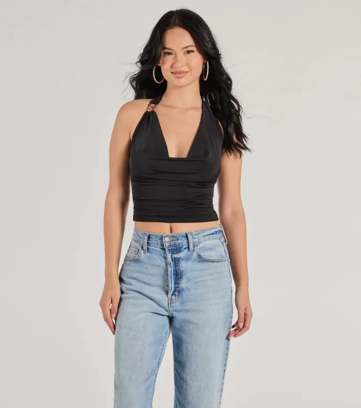 Elevated Sleek Knit Cowl Neck Halter Top sold by Windsor