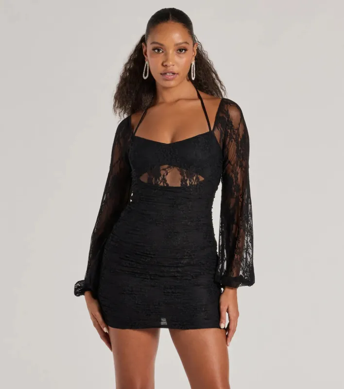Here To Allure Sheer Lace Long Sleeve Mini Dress sold by Windsor