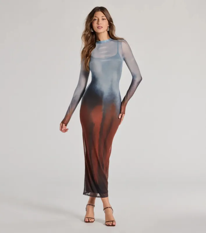 Sultry Silhouette Abstract Print Mesh Midi Dress sold by Windsor