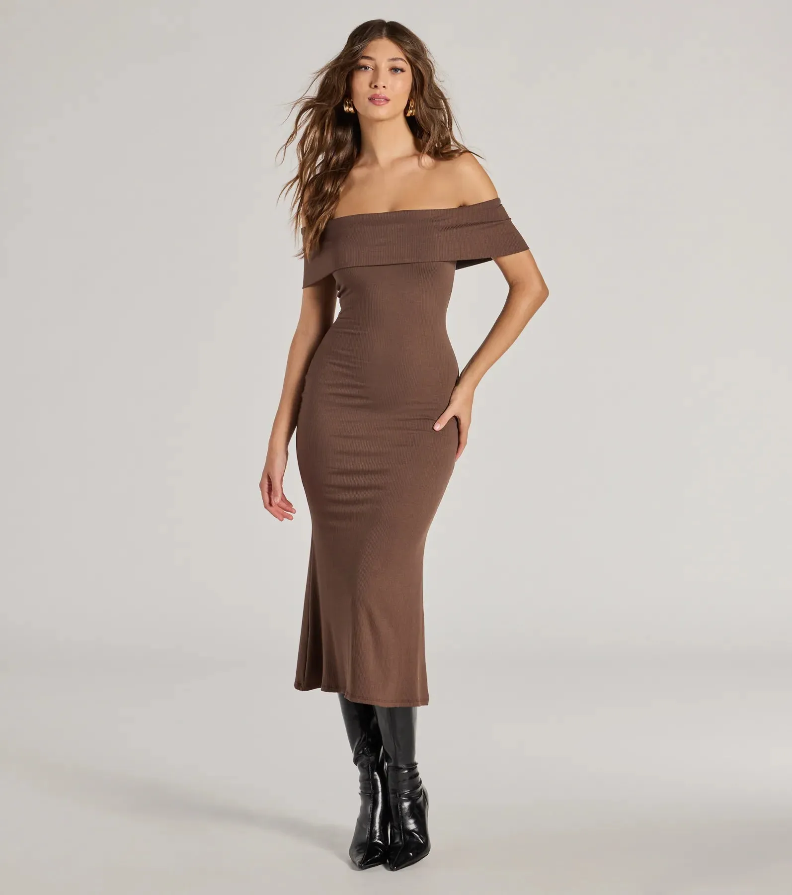 Sleek Silhouette Ribbed Knit Off-The-Shoulder Midi Dress sold by Windsor