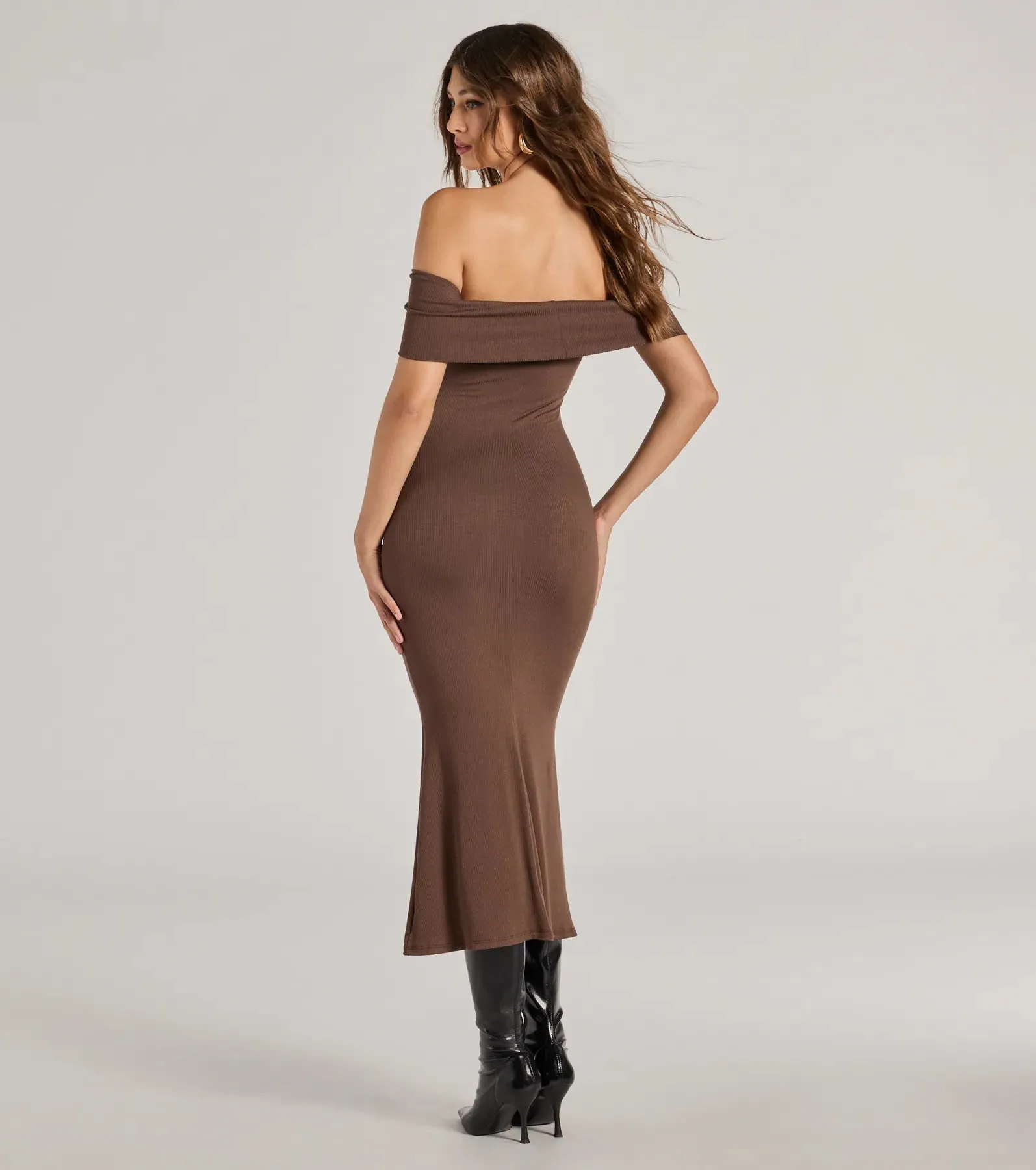Sleek Silhouette Ribbed Knit Off-The-Shoulder Midi Dress sold by Windsor product image thumbnail 2