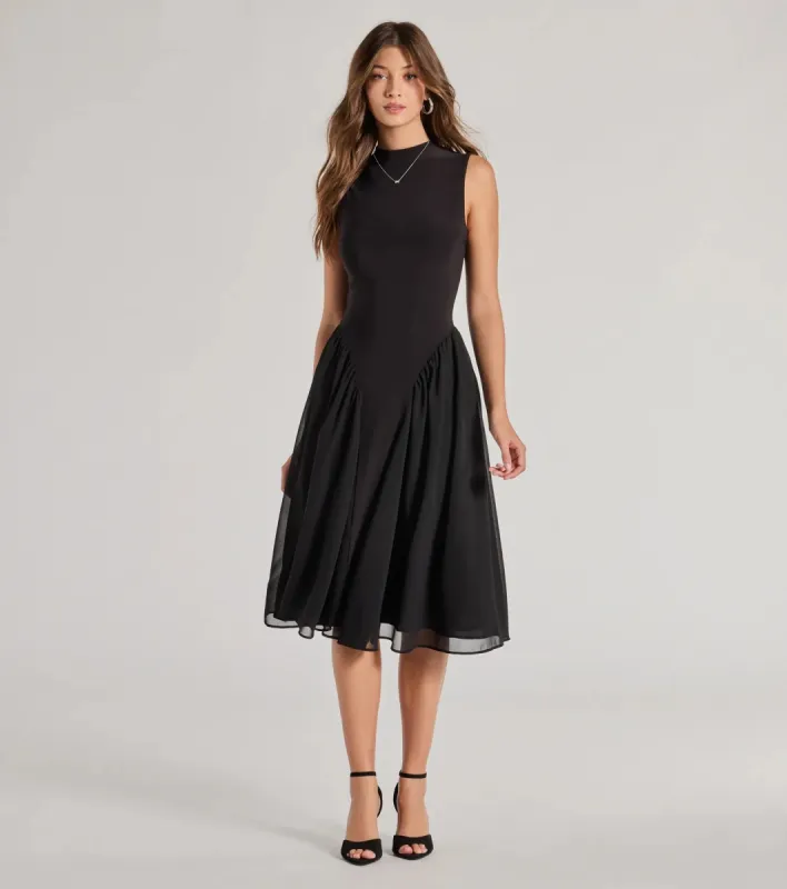 Chic Trendsetter Knit Chiffon Drop Waist Midi Dress sold by Windsor