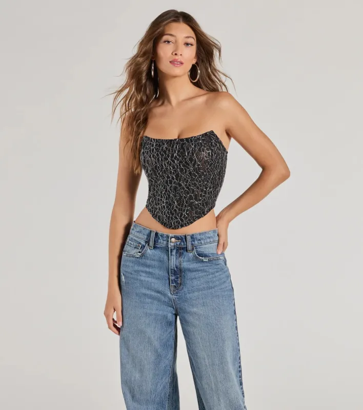 Sultry Shimmer Lurex Lace Strapless Corset Top sold by Windsor