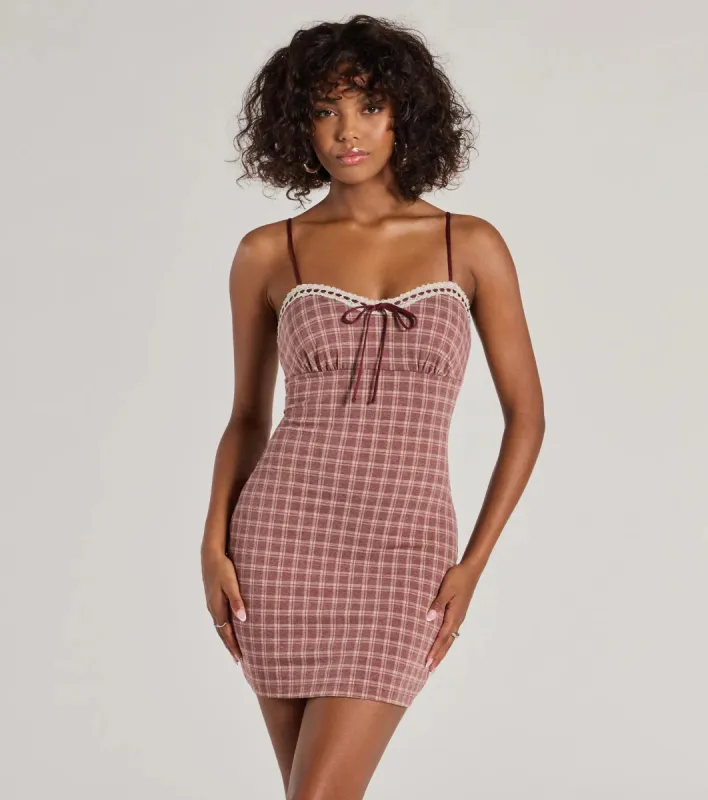 Flirty Silhouette Lace Trim Plaid Mini Dress sold by Windsor