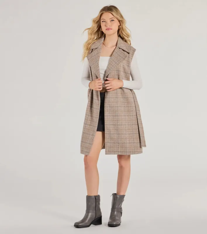 Plaid Pursuit Faux Wool Long Belted Vest sold by Windsor