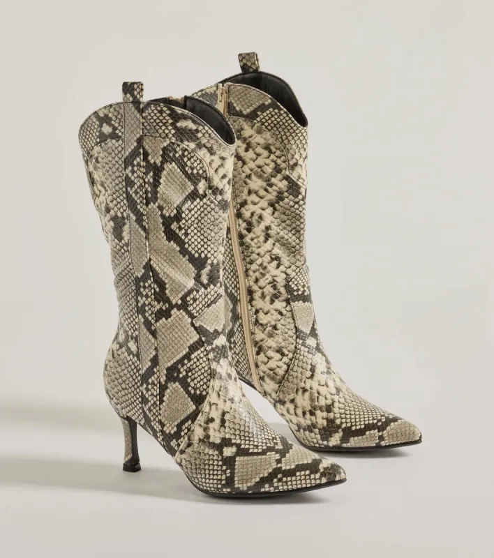 Sassy Aura Faux Leather Stiletto Snake Boots sold by Windsor