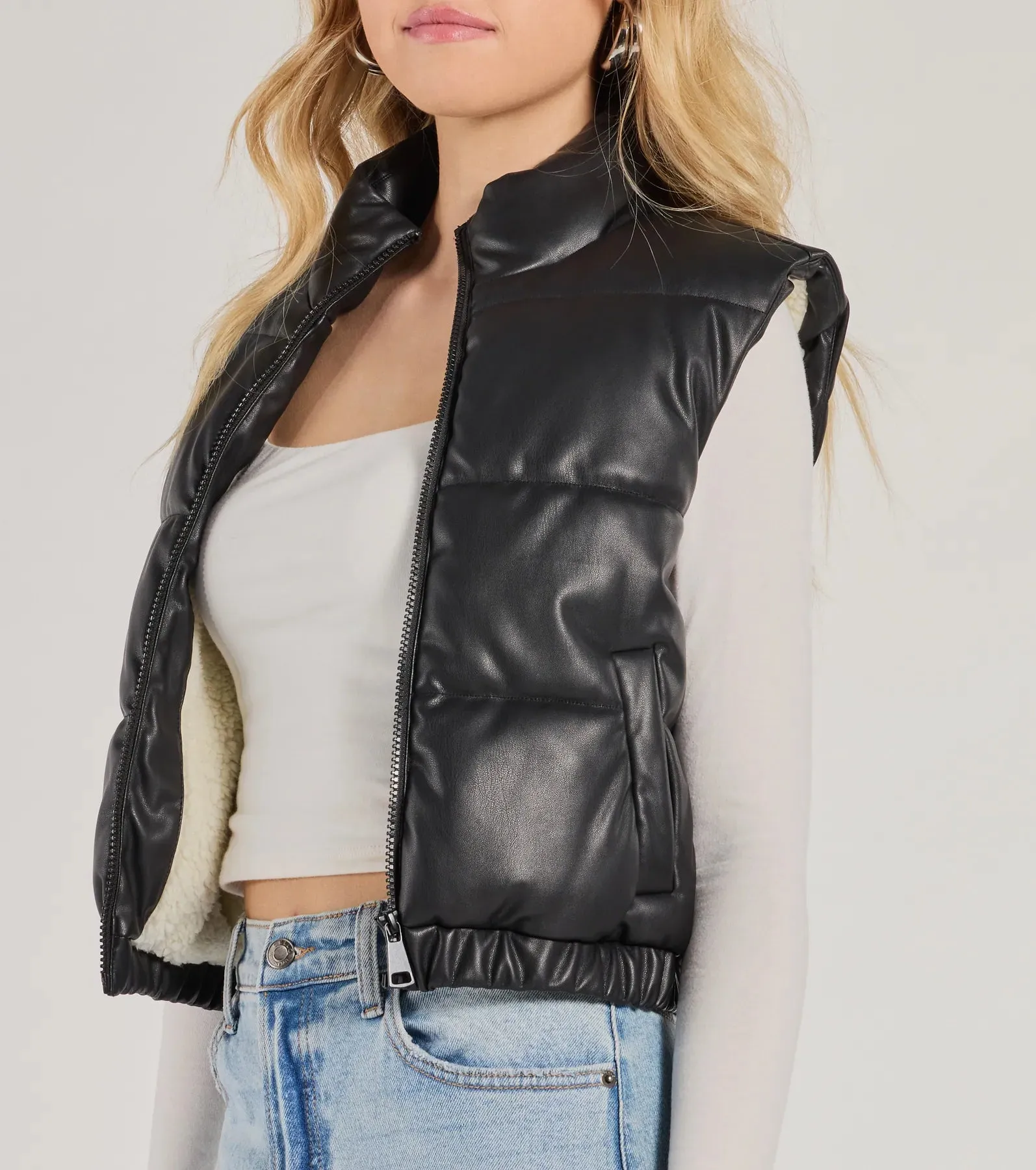 Cuddle Glam Faux Leather Sherpa Lined Puffer Vest sold by Windsor product image thumbnail 4
